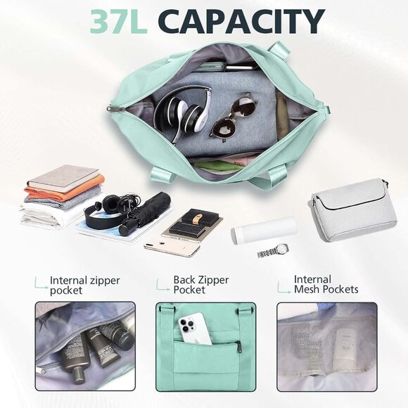 Women Men Cyan Waterproof Carry On Tote Travel Duffle Bag with Trolley Sleeve - Picture 3 of 7